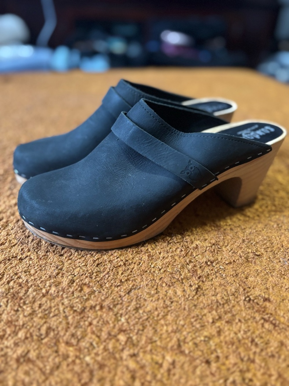 Black Leather Slip-On Clog Mules with Wood-Tone Heel
